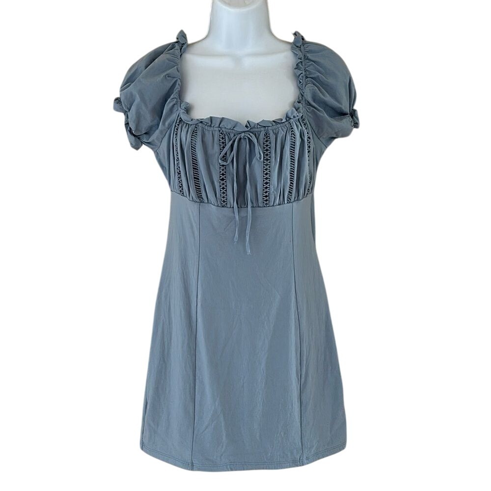 Blue Blashe Puff Sleeve Crochet Babydoll Dress cottage Beach Mini Womens Medium‎